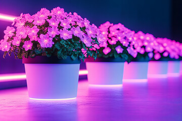 Fototapeta premium Vibrant flowers in illuminated pots create stunning display of color and light. arrangement showcases beauty of nature enhanced by modern lighting