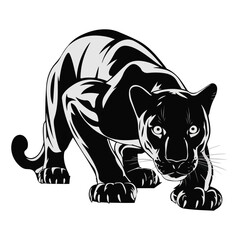 An illustration of a clean and silhouette of a panther crouching low. The panther is in a white background. The panther's body is curved,
