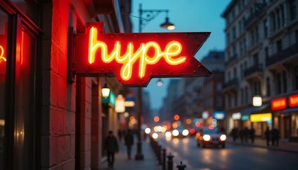 Vibrant neon "hype" sign glowing on urban street, evening city energy concept