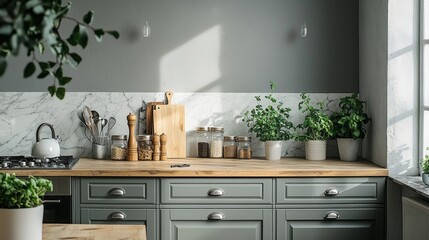 Sunlight streams through large windows, illuminating a serene kitchen adorned with potted herbs, jars of spices, and a wooden cutting board, inviting culinary creativity and warmth