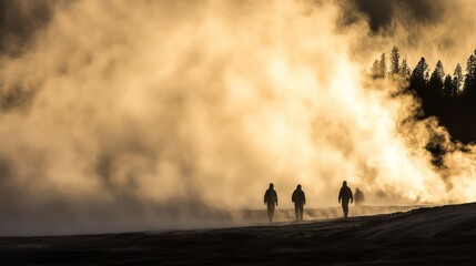 Silhouetted Figures Walking Through Geothermal Steam at Sunrise in Yellowstone National Park