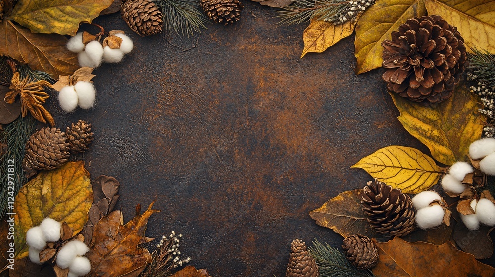 Poster autumn leaves and pine cones forming a border on a dark rustic background