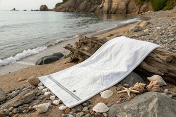 Soft white beach towel with clear edges and a subtle texture pattern placed on a rocky shoreline surrounded by seashells and driftwood, beach towel, clear edges, beach scene