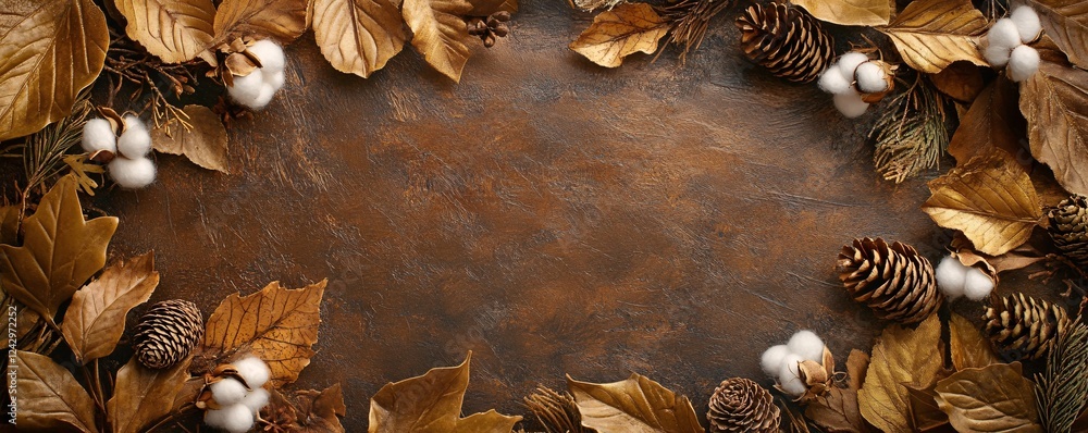Aufkleber Autumn leaves and pine cones forming a frame on a rustic background