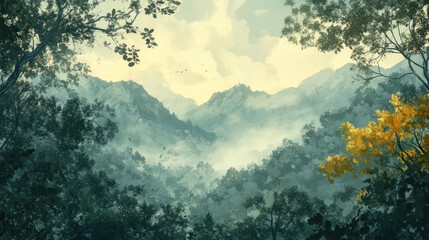 serene view of misty mountains in Ailao Mountain, China, surrounded by lush green forests and touch of yellow foliage under cloudy sky