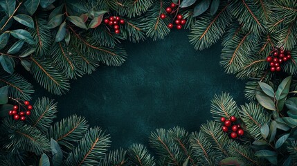 A holiday-themed background with green, pine cones, and red berries on branches, generated by AI