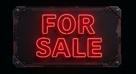 Fototapeta premium For sale neon sign glowing in red for vintage storefront advertising