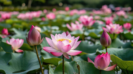 Obraz premium serene scene of vibrant pink lotus flowers blooming in lush aquatic garden, surrounded by green leaves and calm water, creating peaceful and tranquil atmosphere
