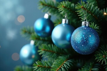 Sparkling blue and silver baubles adorn evergreen tree, winter holiday decor, christmas bauble decoration, blue silver ornaments