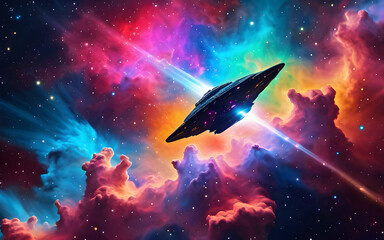Spaceship flying through colorful nebula clouds