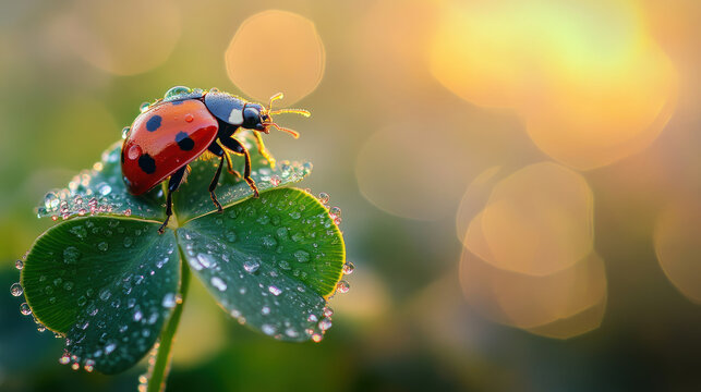 ladybug rests on dewy clover leaf in morning light, surrounded by warm, glowing bokeh background