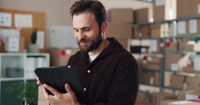 Logistics, tablet and thinking with man in office for planning of delivery or distribution schedule. Business, ecommerce or supply chain with happy employee in depot for export and import trading