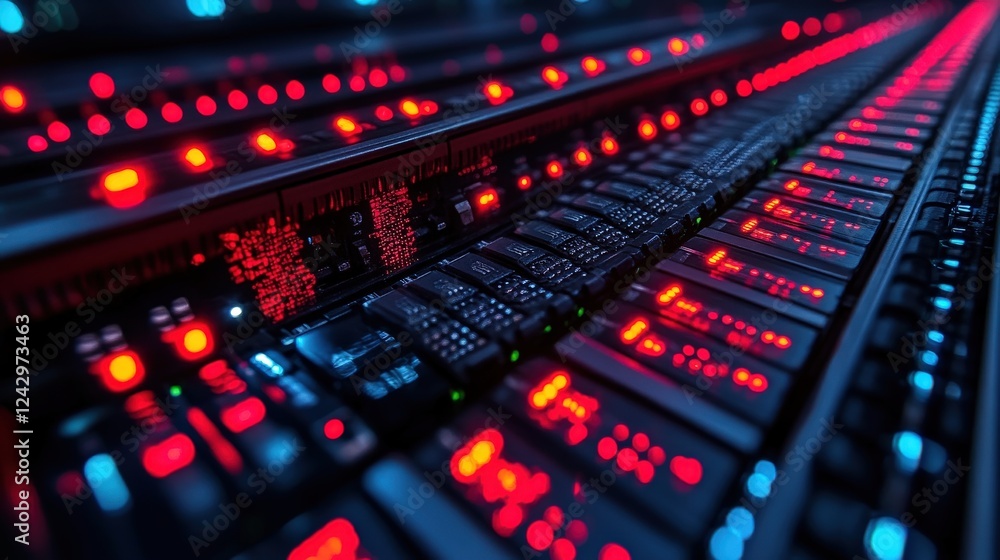 Aufkleber close-up view of illuminated server hardware showcasing intricate circuitry and vibrant lights