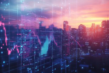 Fototapeta premium dynamic 3d financial data visualization over american flag backdrop, sunset cityscape, holographic stock market charts