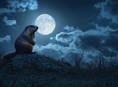 A beautiful night sky with a full moon and a marmot on the hill in the background.