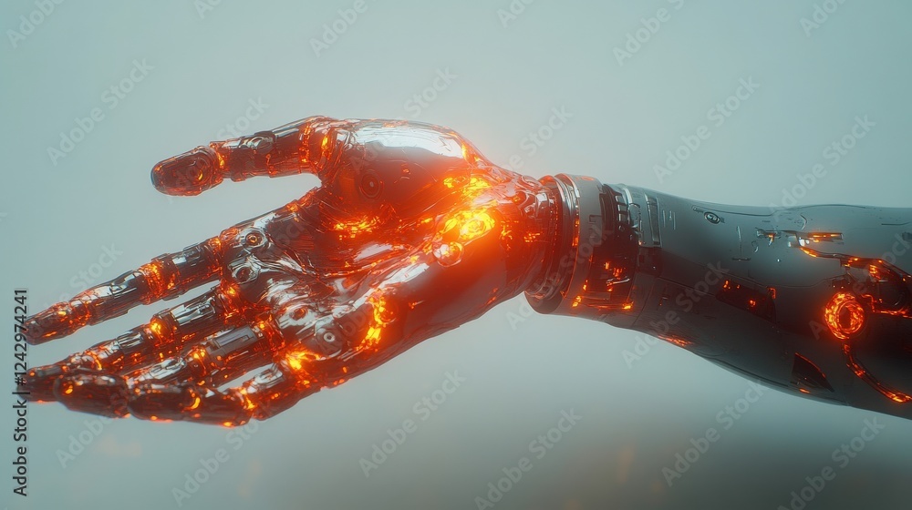 Poster futuristic robotic hand with glowing lava-like textures reaching out against a soft background