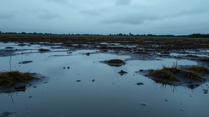 Rainy landscape with puddles and reflection, peaceful, outdoor
