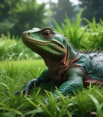 Obraz premium Reptilian creature resting on a lush green grass, wildlife, calm scene