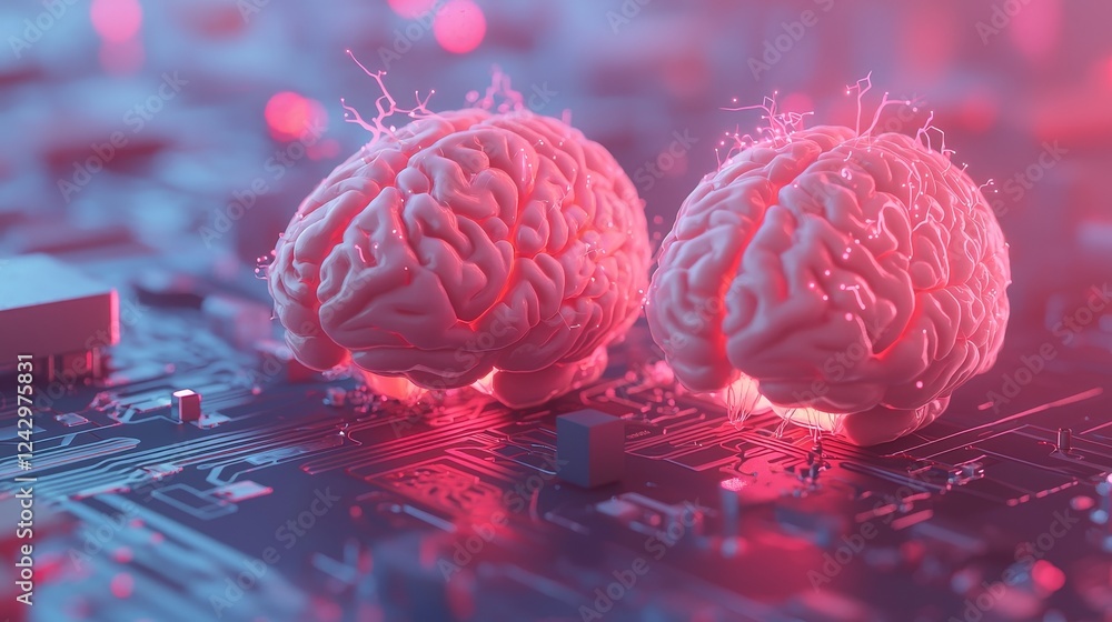 Poster big data and stock concept. human brain illuminated by a processor, symbolizing the blend of human i