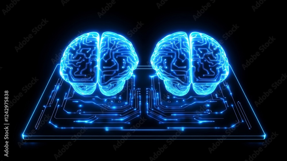 Aufkleber in the realms of big data and stocks, a human brain lights up next to a processor, illustrating the 