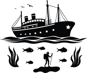 Premium quality Scuba diver underwater exploration silhouette vector art, Scuba diver underwater exploration line art vector icon design