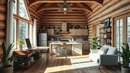 Rustic cabin-inspired home office with kitchen nook, natural materials, organic shapes