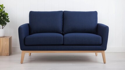 Navy Blue Two Seater Sofa with Light Wood Legs