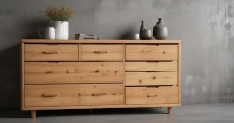 Scandinavian style wooden dresser with visible contents in drawers and concrete background, storage solution, stylish, simplicity, belongings