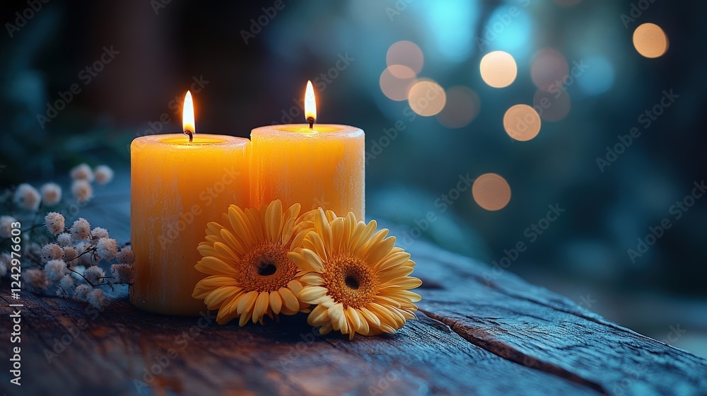 Aufkleber two lit yellow candles surrounded by flowers on a rustic wooden table with a soft bokeh background