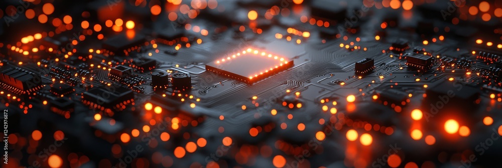 Poster abstract ui ux design in the cyberpunk style, featuring text placeholders, microcircuit holograms, a