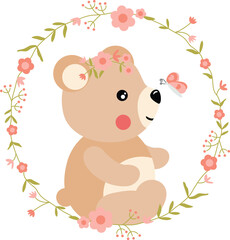 Teddy Bear with Flowers and Butterfly in a Circular Floral Frame.cdr