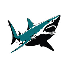 An illustration of a fierce shark silhouette swimming dynamically against a white background. The shark is swimming in a dynamic, arcing motion. The shark's teeth are visible