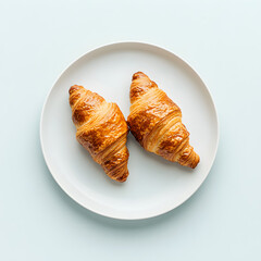 two delicious croissants on a plate on white background