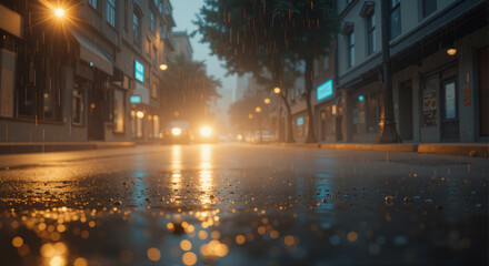 Obraz premium a scene of a summer storm. Golden hour light illuminates water droplets and puddle reflections on a wet urban street.