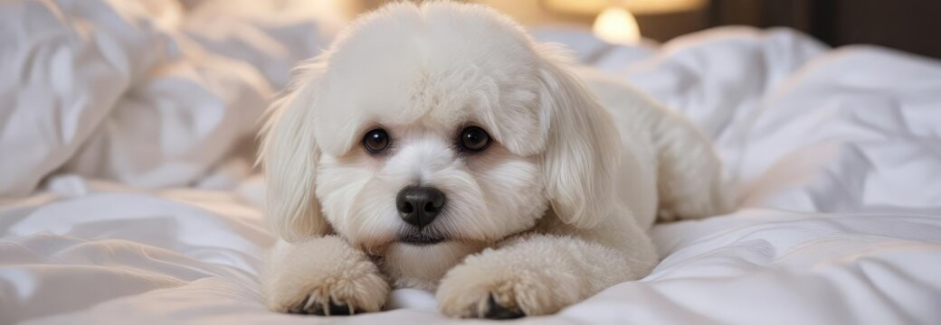 Sleepy white bichon frise dog lying down on a soft bed next to a white comforter, bedding, slumber, bedmate, relax