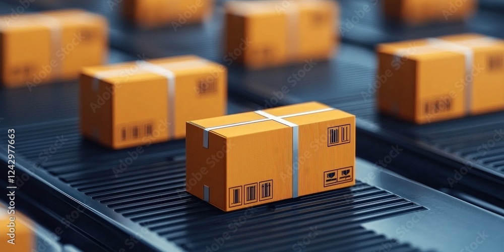 Poster efficiency optimization technique concept. packages on conveyor belt in a distribution center.