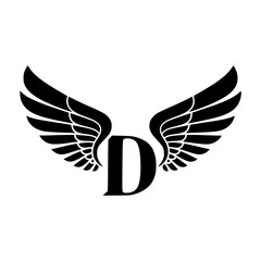 Obraz premium Winged Letter D Black Logo Design, Black letter D with symmetrical wings, forming a stylish and modern logo. Suitable for branding, aviation, sports, business, or creative identity. 