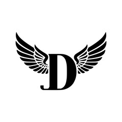 Naklejka premium Winged Letter D Black Logo Design, Black letter D with symmetrical wings, forming a stylish and modern logo. Suitable for branding, aviation, sports, business, or creative identity. 