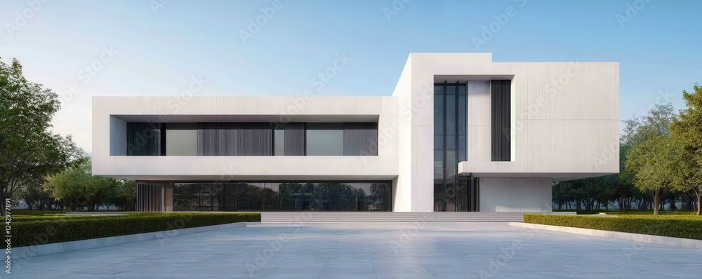 Poster efficiency optimization technique concept. modern architectural house with minimalist design and lan