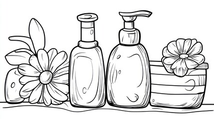 Skincare products with flowers, spa setting, beauty, wellness, packaging design