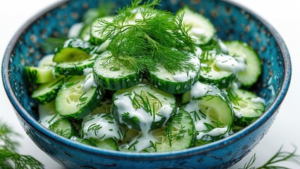 Fresh cucumber salad with yogurt and dill in a vibrant blue bowl.