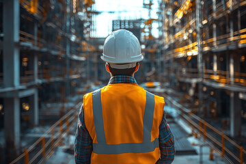 A Construction Worker In A Hardhat, Wearing Hi-Vis Clothing, Observing A Building With Bright Construction Materials On Site. Generative Ai