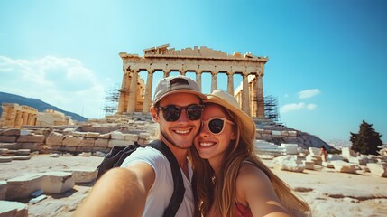 Happy Couple Takes Selfie at Ancient Greek Temple