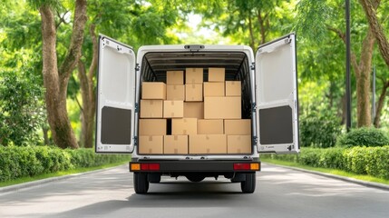 White delivery van, parked, rear doors open, filled with stacked cardboard boxes, on tree-lined road.