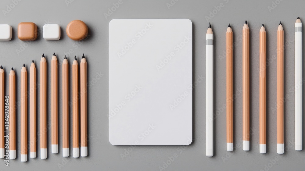 Poster efficiency optimization technique concept. blank notebook surrounded by various pencils and erasers 