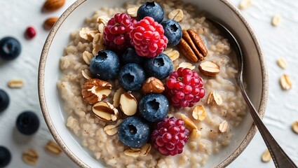 Nutritious oatmeal topped with berries and nuts for a healthy breakfast