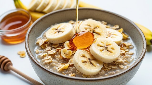 Wholesome oatmeal topped with bananas and honey for a bright start to the morning