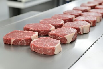 Fototapeta premium Raw beef steaks on a conveyor belt, ready for processing.