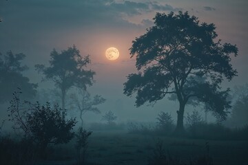 Enigmatic Twilight Atmosphere with Hazy Texture and Tranquil Nature Scene