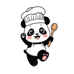Cheerful Cartoon Panda Dressed as a Professional Chef, Wearing a Puffy White Chef’s Hat and Cute Apron, Holding a Wooden Spoon in One Paw While Happily Jumping with a Playful Expression – Adorable Cul